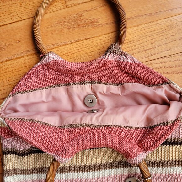 The Sak Knit Handbag Tote Faux Wood Ring Handles Cottage Beach Purse - Picture 3 of 11